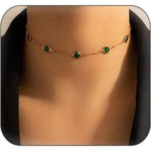 Bohemian Green Crystal Choker Tiny Emerald Station Chain Dainty Satellite Gorgeo